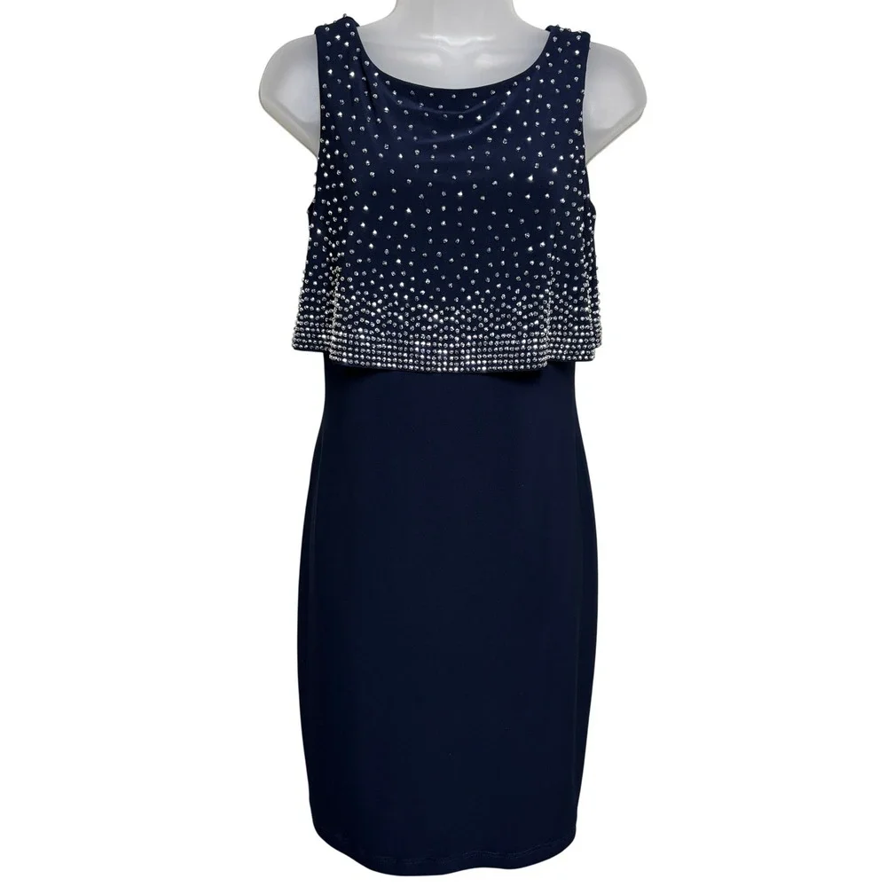 Joseph Ribkoff Blue Zip Back Beaded Overlay Sleeveless Sheath Dress Womens 6 US - Picture 1 of 8